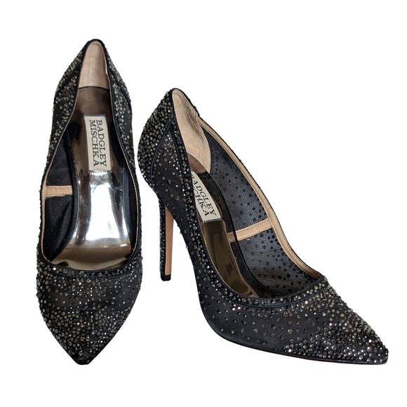 Women's Badgley Mischka Weslee Black Satin/Mesh Stilettos Sz 6M - Picture 1 of 12